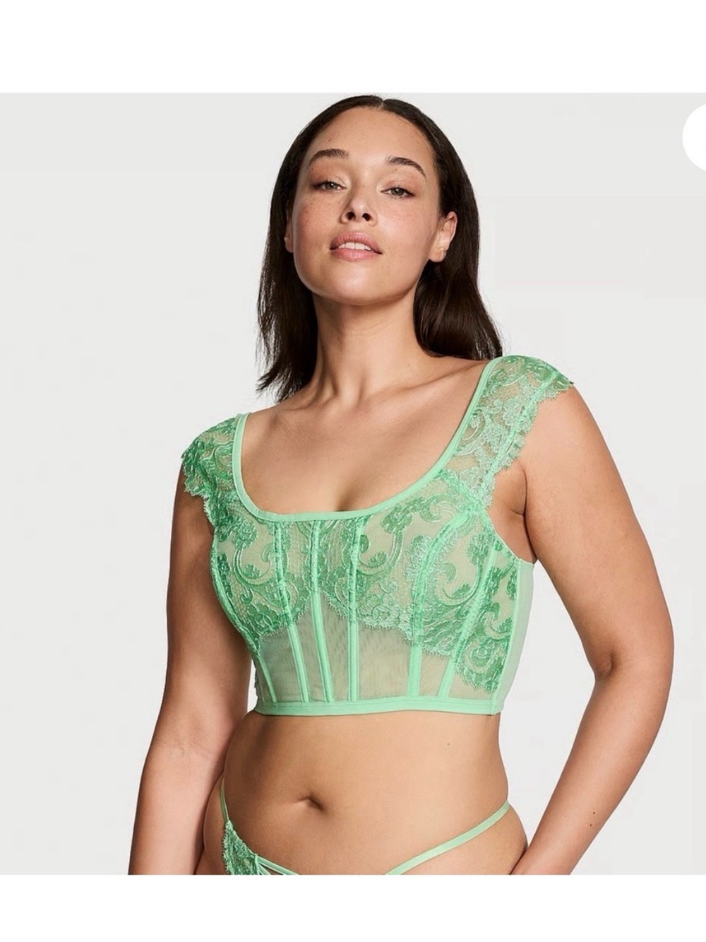 Victoria's Secret Green Lace Corset bra top Small, cropped scoop neck shapewear